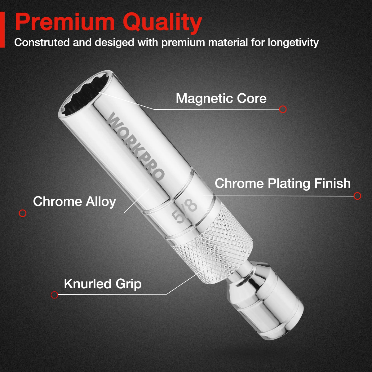 WORKPRO magnetic spark plug socket with knurled grip and chrome alloy body