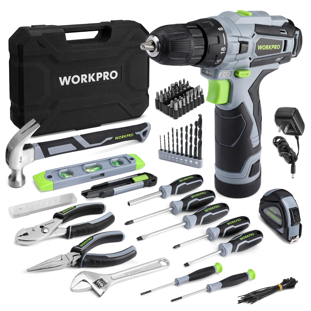 Grey and pink cordless drill driver with 108-piece bit and hand tool assortment in case