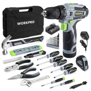 Grey and pink cordless drill driver with 108-piece bit and hand tool assortment in case