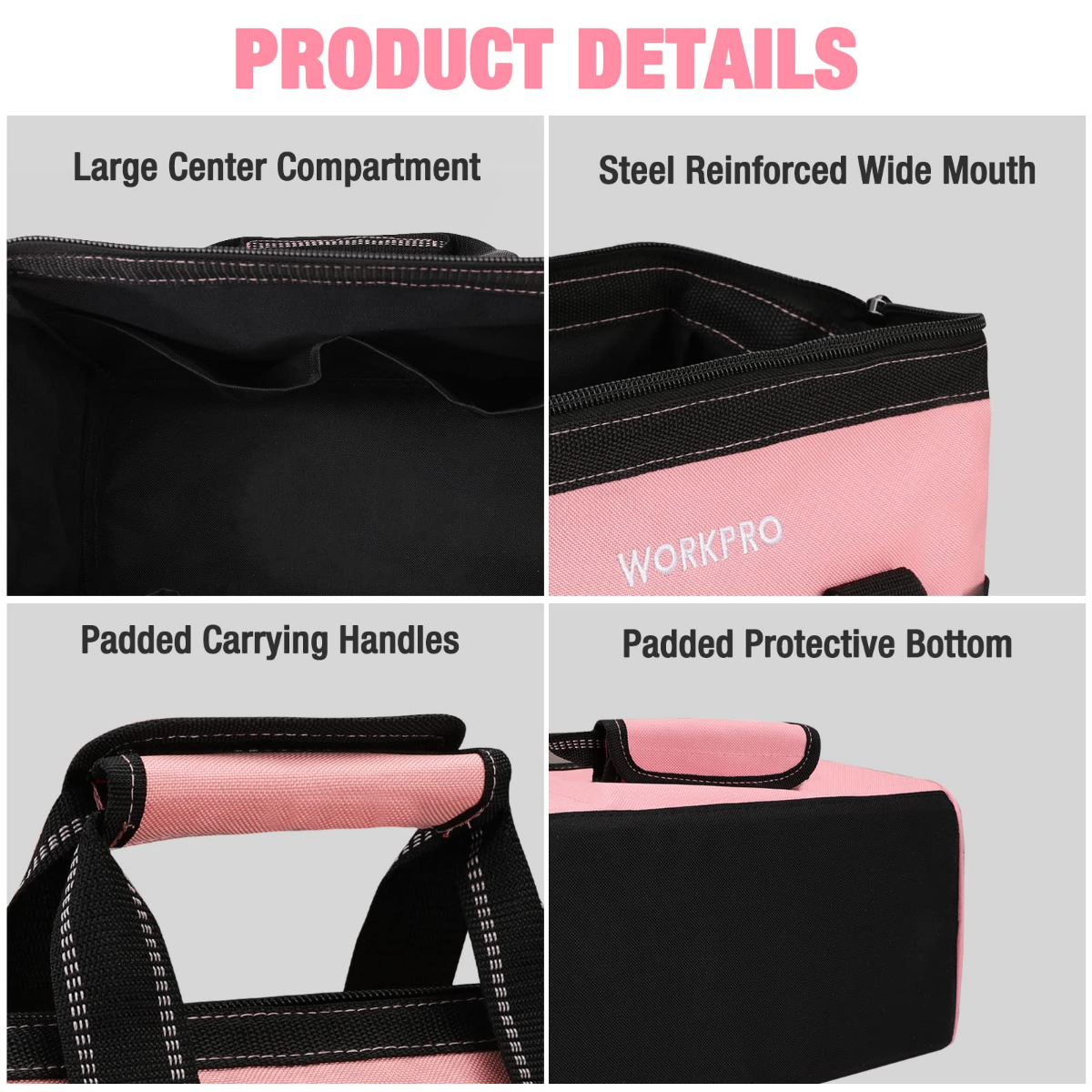 Pink tool bag with padded carrying handles, reinforced wide mouth, and protective bottom.