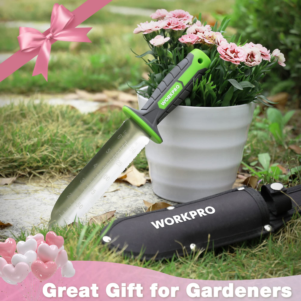Garden knife with pink handle and stainless blade, shown with black oxford sheath