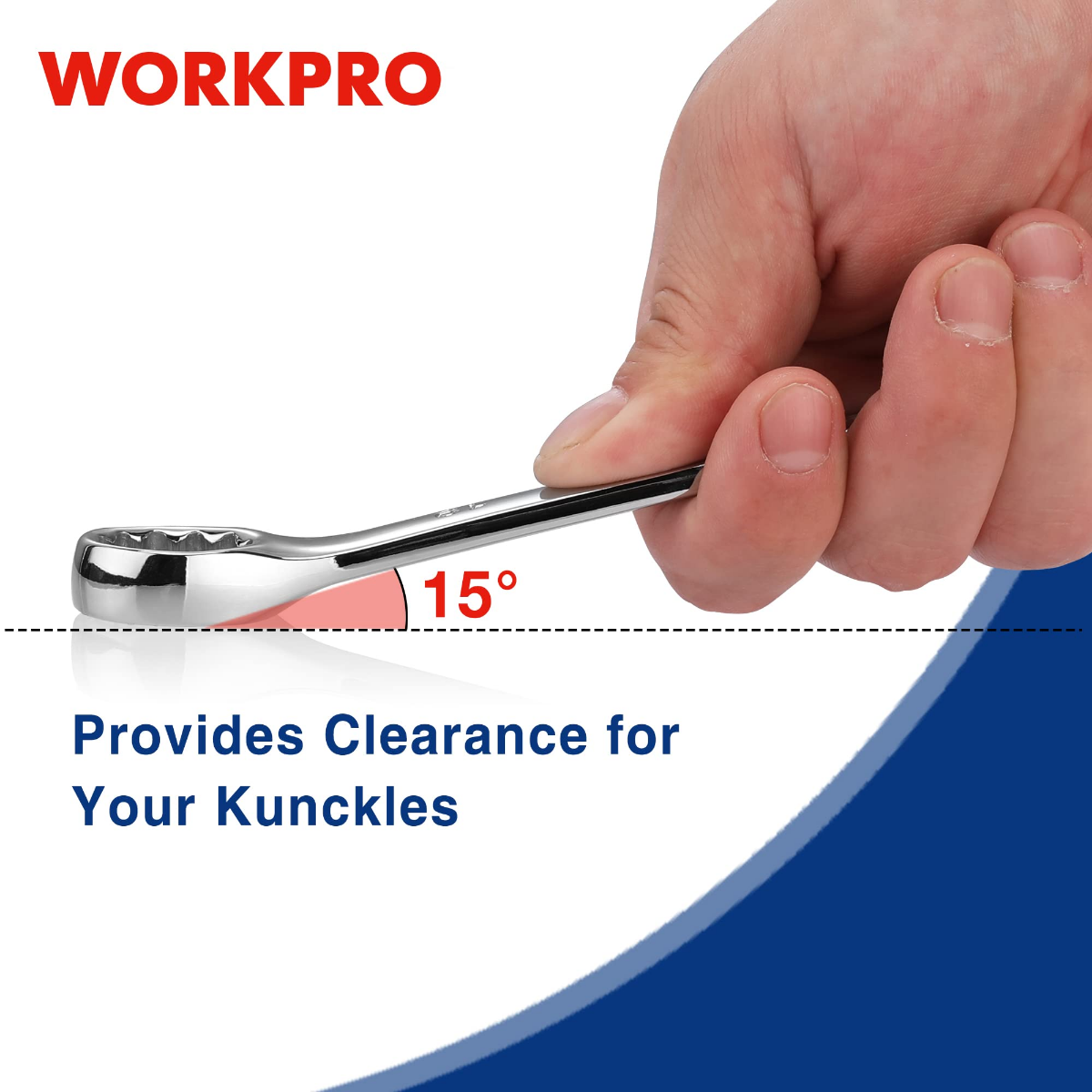 Combination wrench with 15-degree clearance angle for working near knuckles