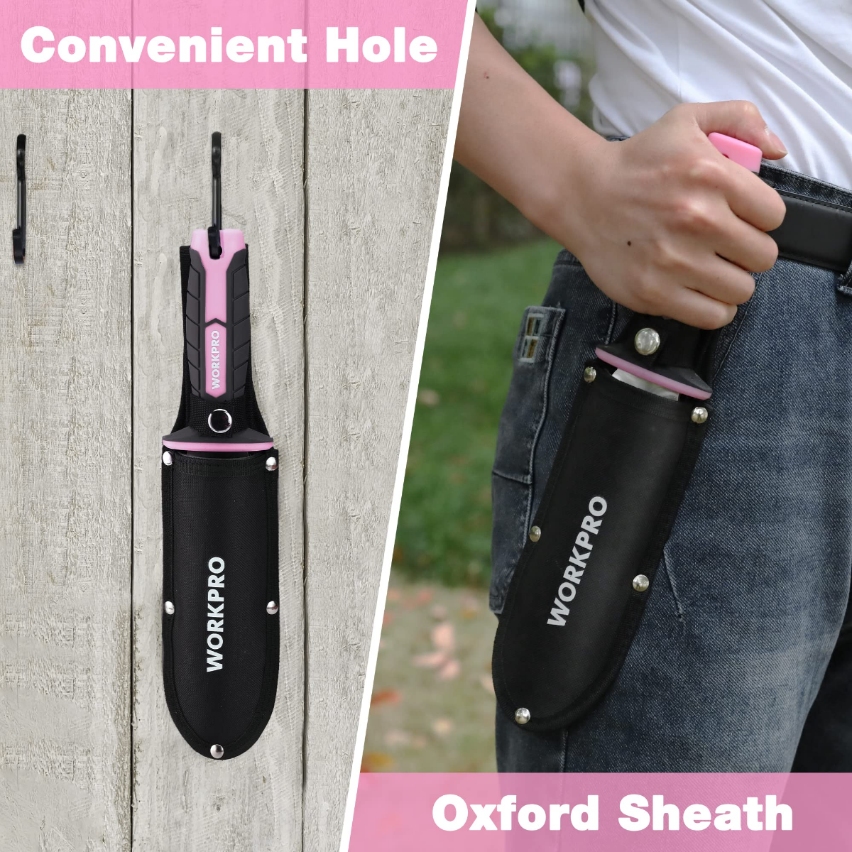 Garden knife in pink Oxford sheath, clipped to belt on denim with handle facing out