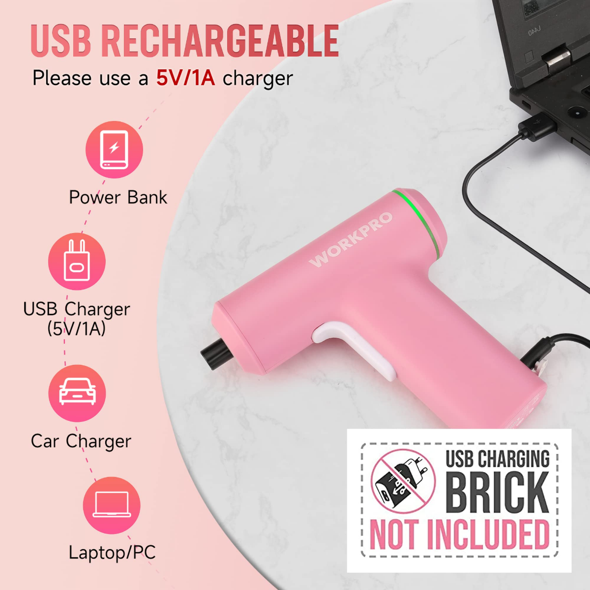 Cordless electric screwdriver, pink body with USB rechargeable charging connection