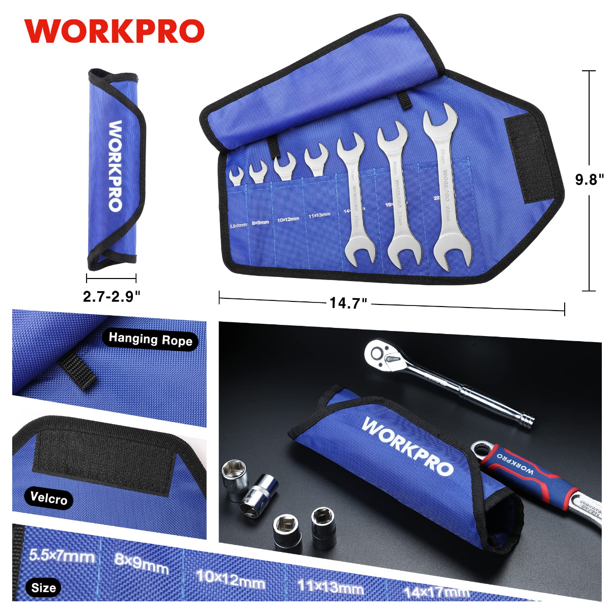 Blue roll-up organizer pouch holding metric open-end wrenches, WORKPRO branding