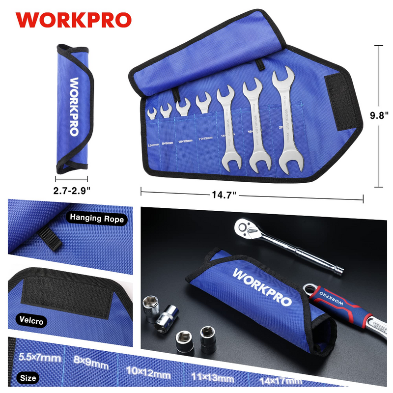 WORKPRO 7 Pcs Metric Super-Thin Wrench Set with Roll-up Organizer Pouch