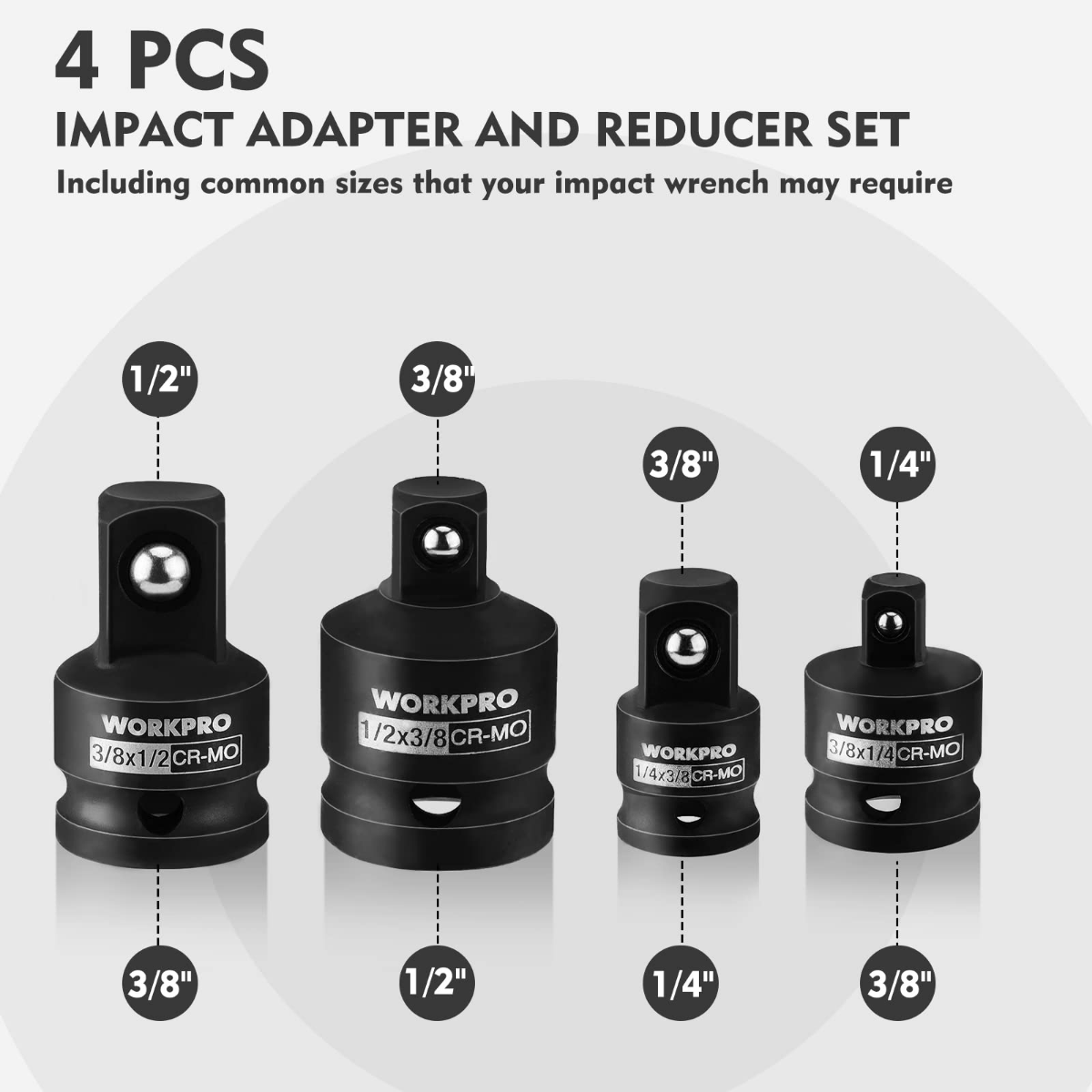 Impact driver socket reducer set, 4 adapters with 1/2, 3/8 and 1/4 drive sizes