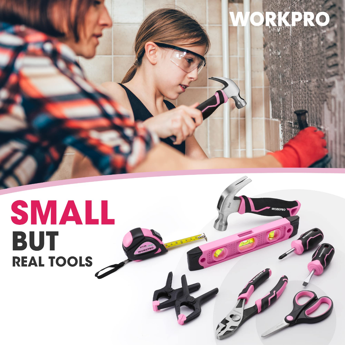 Pink-and-black kids tool assortment with tape measure, hammer, and clamps