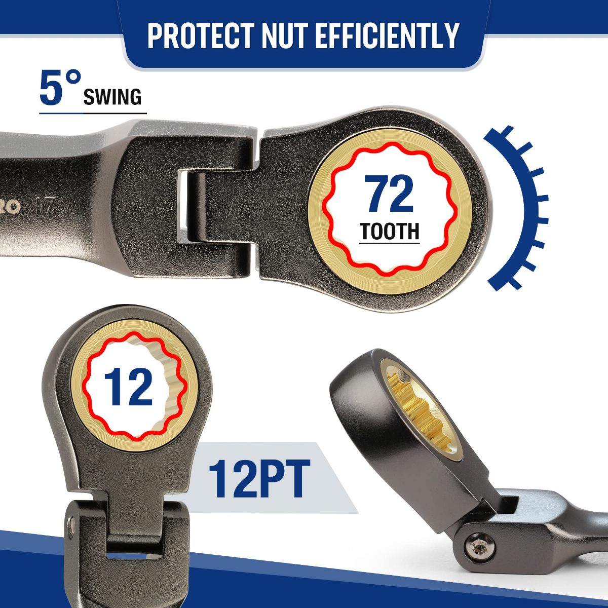 Ratcheting jaw with 72-tooth gear and 5° swing action on stubby wrench