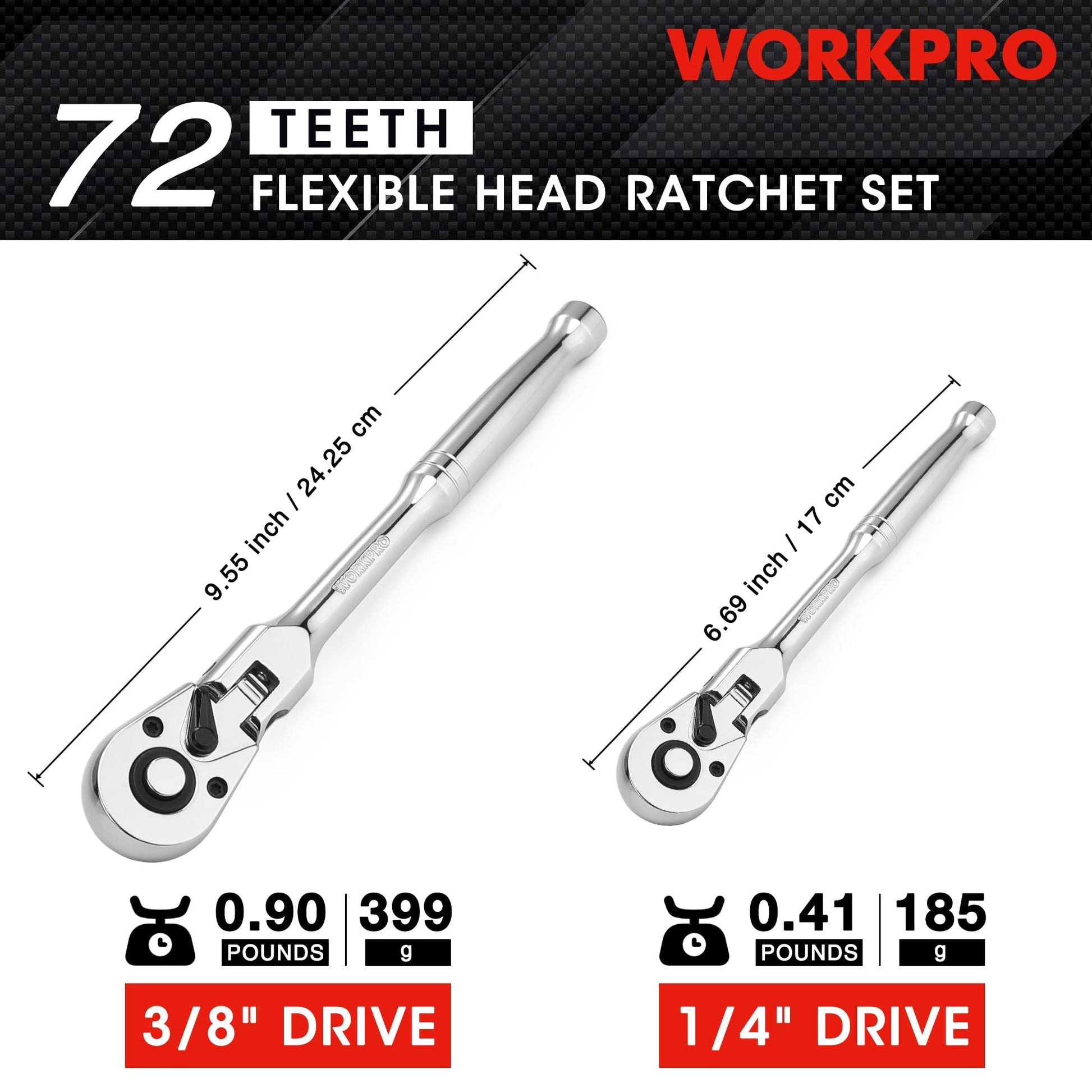 WORKPRO 72-tooth flex-head ratchet set display with two chrome ratchets and sizes