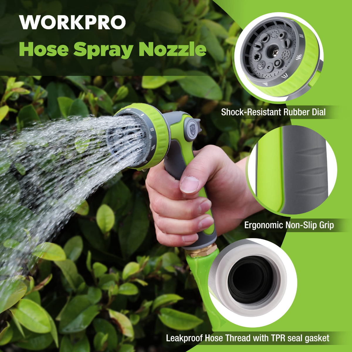 WORKPRO hose spray nozzle sprayer with shock-resistant rubber dial and non-slip grip
