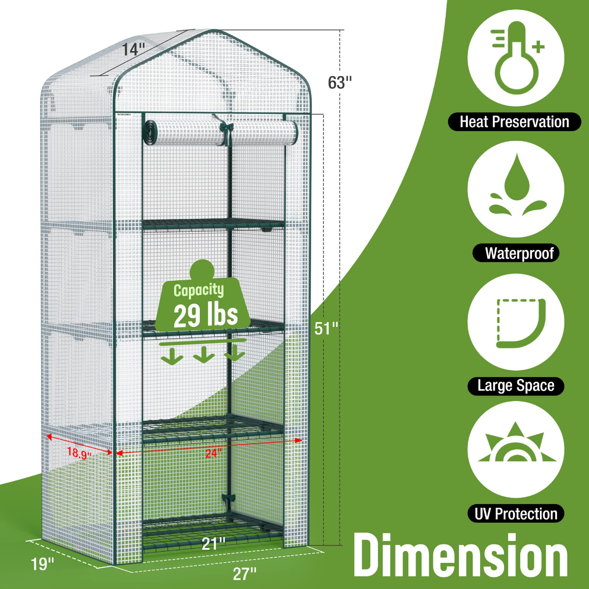 White mesh 4-tier mini greenhouse with shown size labels and heat retention icons