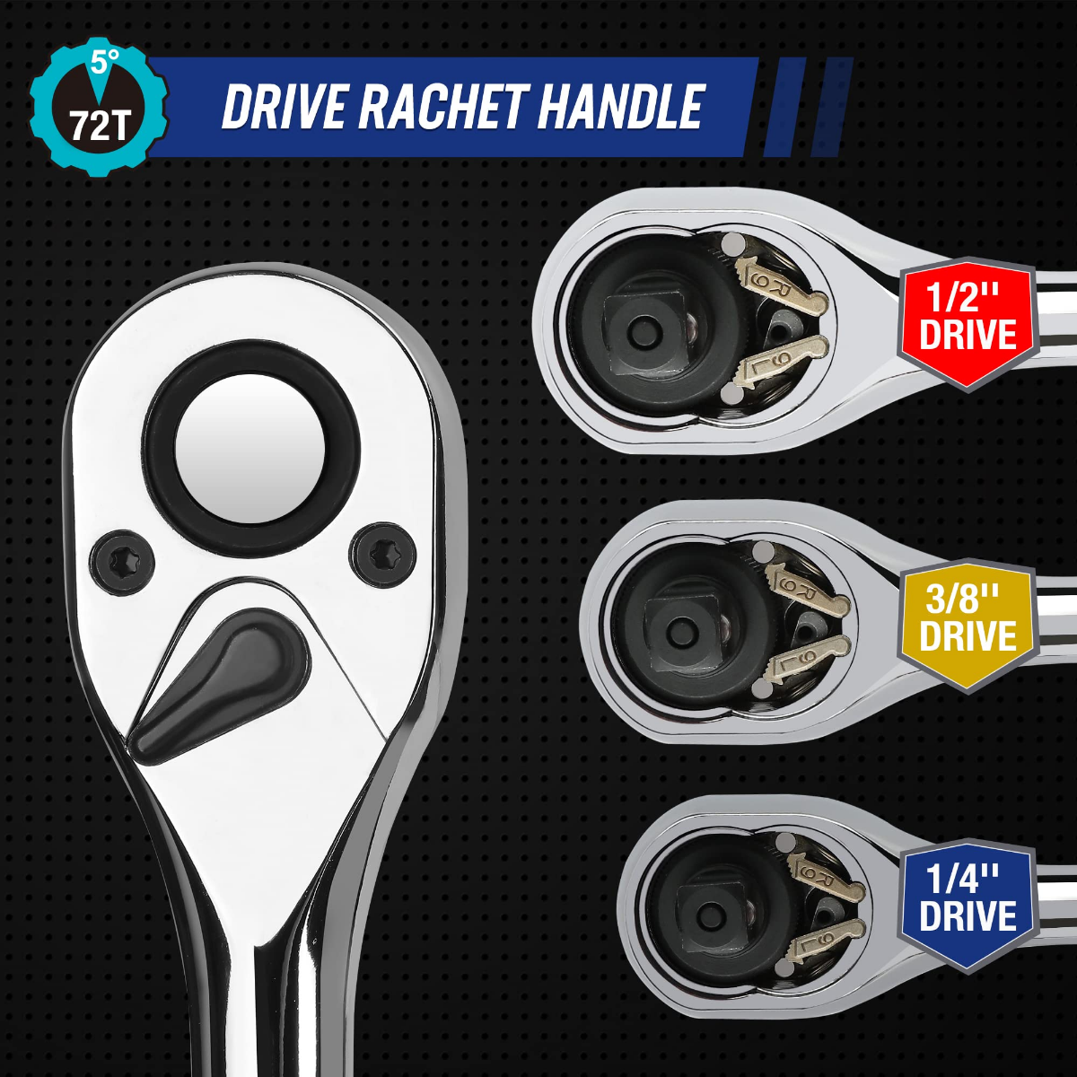 Ratchet drive handle display showing 1/2 in, 3/8 in, and 1/4 in drive sizes