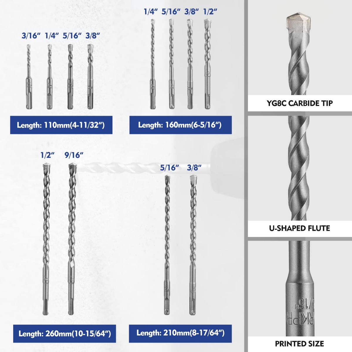 Carbide-tipped SDS-Plus rotary hammer drill bits, U-shaped flutes in steel