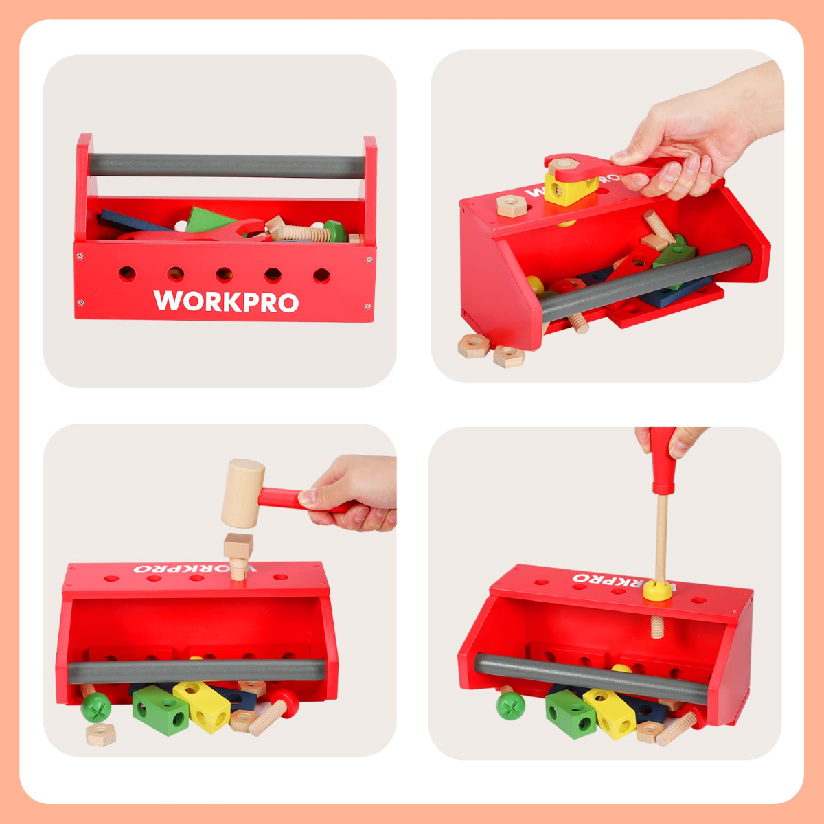 Red WORKPRO wooden tool tray with hands fitting parts and colorful blocks inside