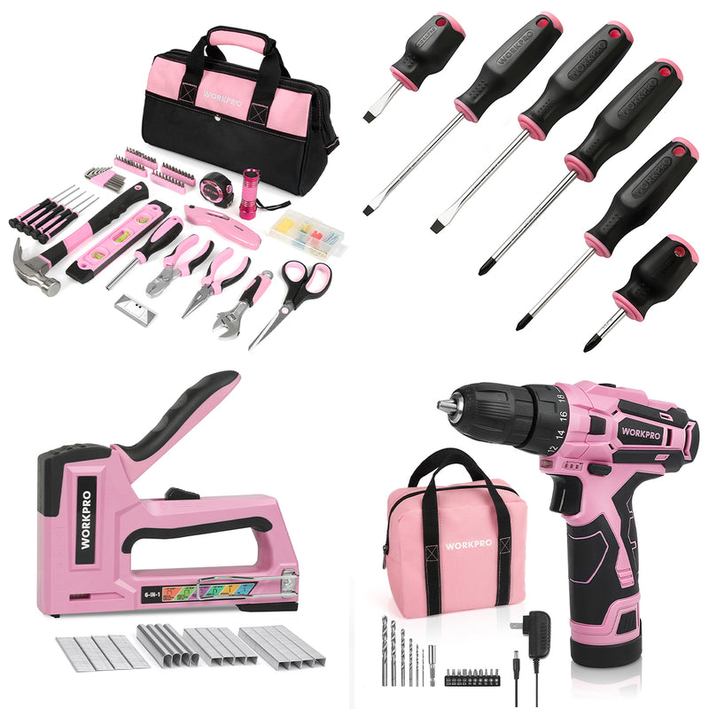 WORKPRO 106 Pcs Pink Tool Kit & 6 Pcs Magnetic Screwdrivers & 12V Cordless Drill Driver Kit & 6-in-1 Staple Gun