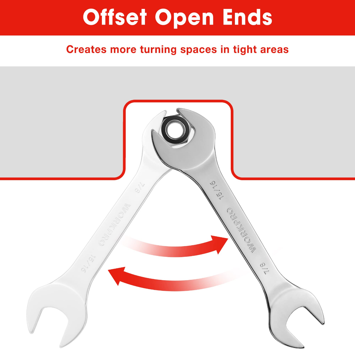 Offset open-end metric wrench head for turning in tight spaces.