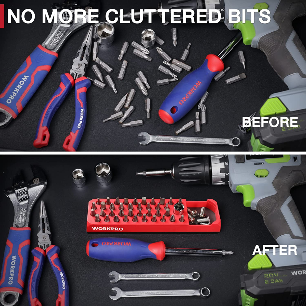 WORKPRO red magnetic hex bit organizer tray with hex bits and tools arranged