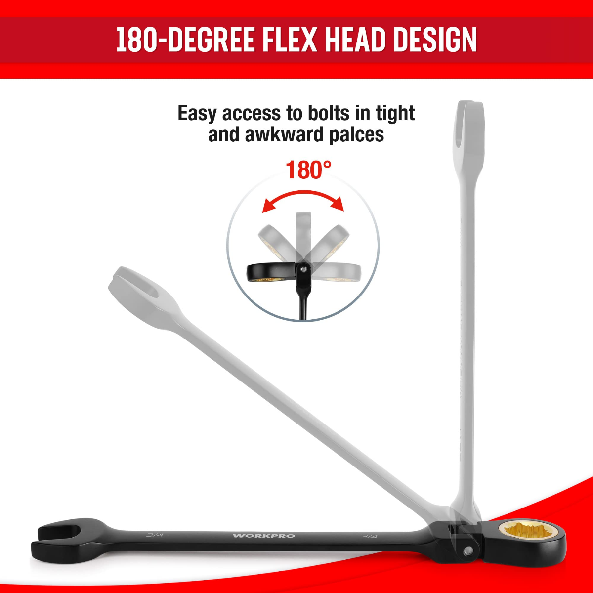 180-degree flex-head ratcheting wrench with long handle and black anti-slip head