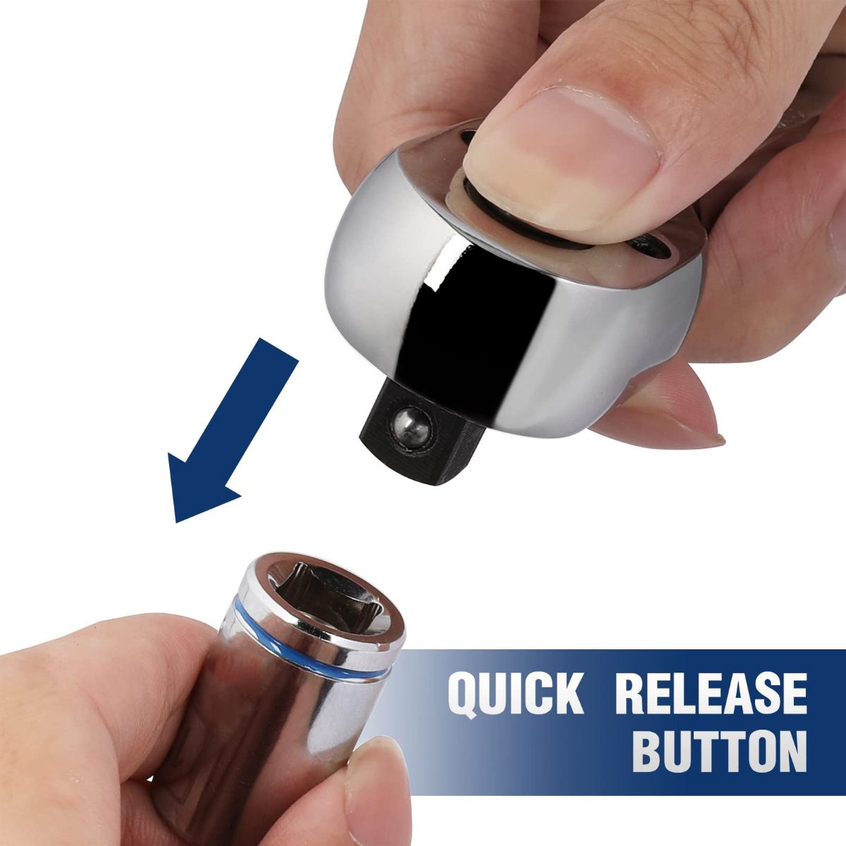 Ratchet wrench head showing quick-release button; chrome finish with blue accents
