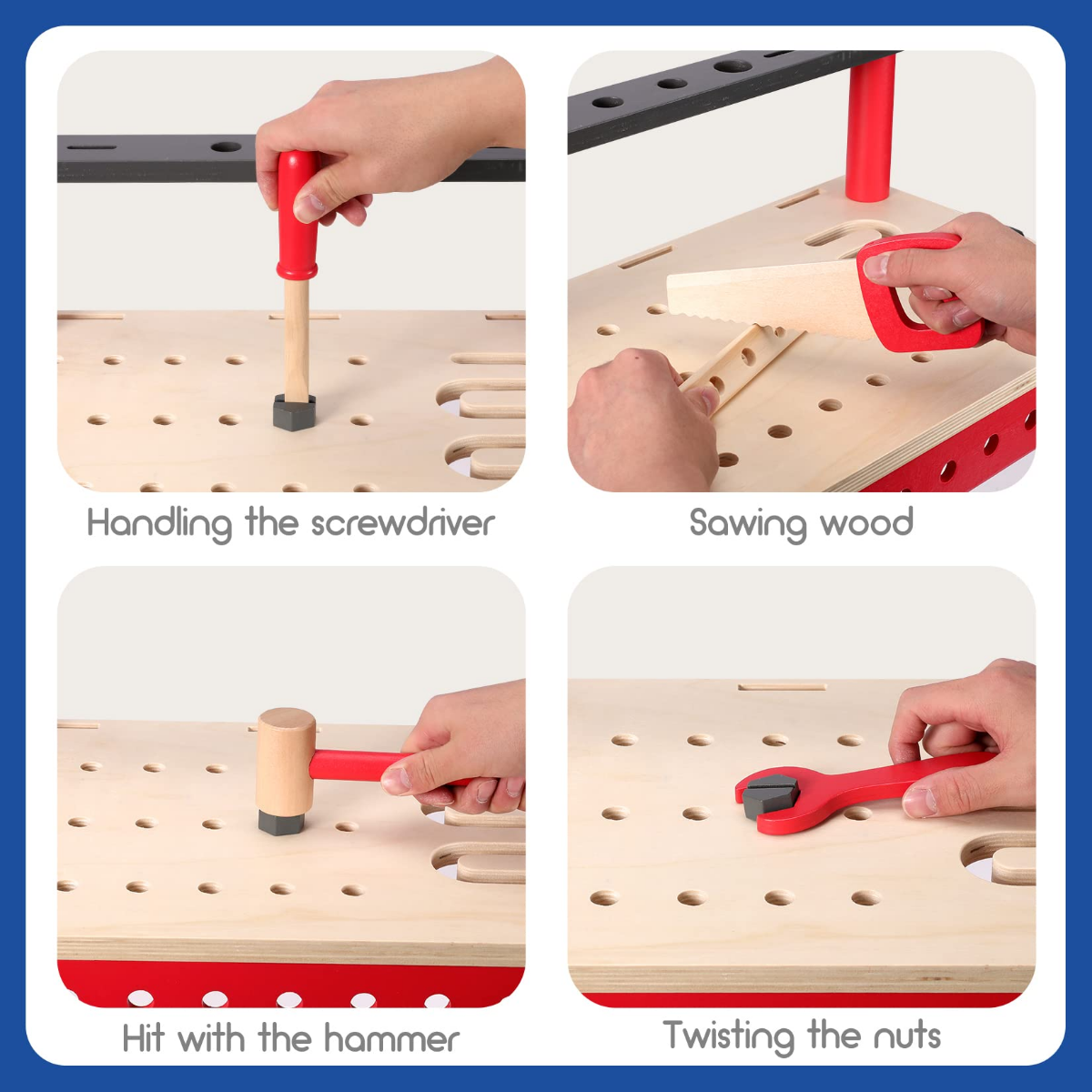 Hands using red tools on wooden board: screwdriver, hammer, sawing, and twisting nuts