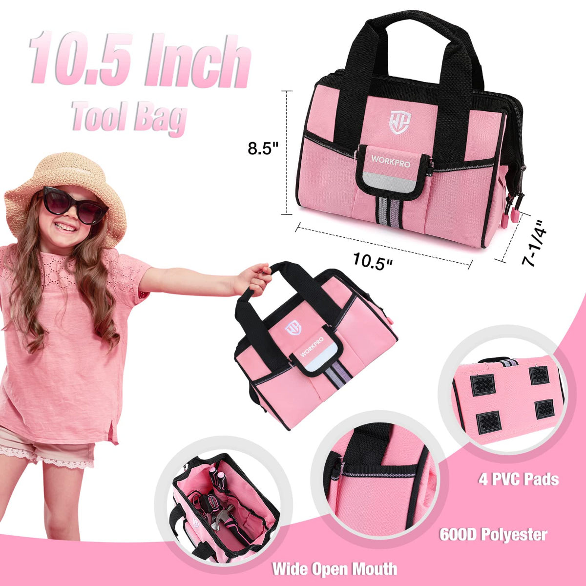 Pink kids tool bag with handle, shown with size measurements and included tools