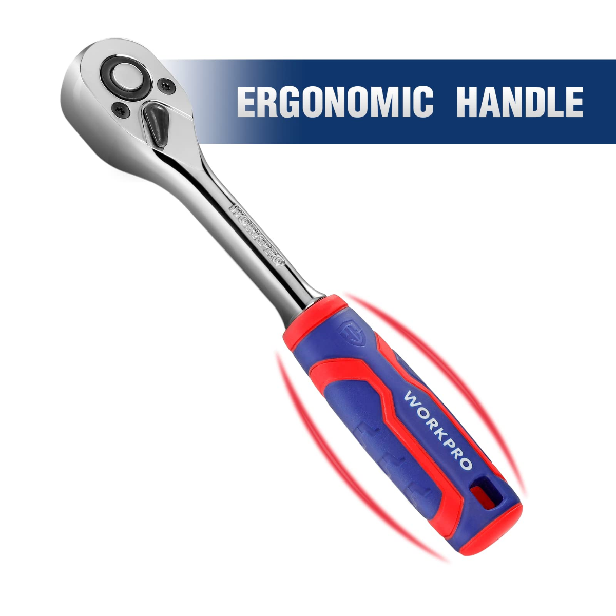 Ratchet wrench with chrome head and blue-and-red ergonomic handle