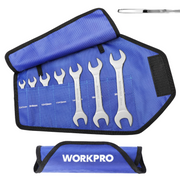 Blue roll-up organizer pouch with chrome metric open-end wrenches fitted inside.