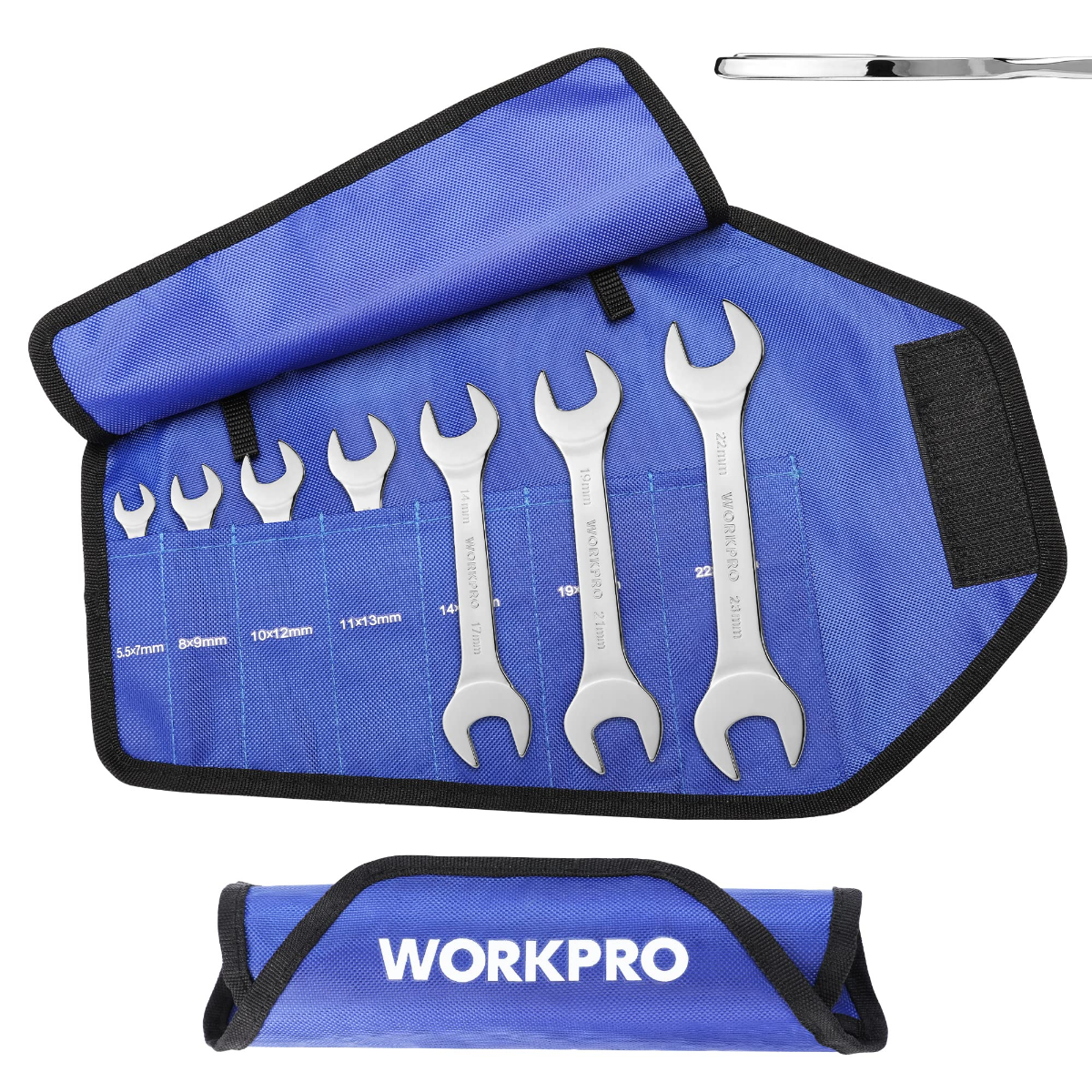 Blue roll-up organizer pouch with chrome metric open-end wrenches fitted inside.