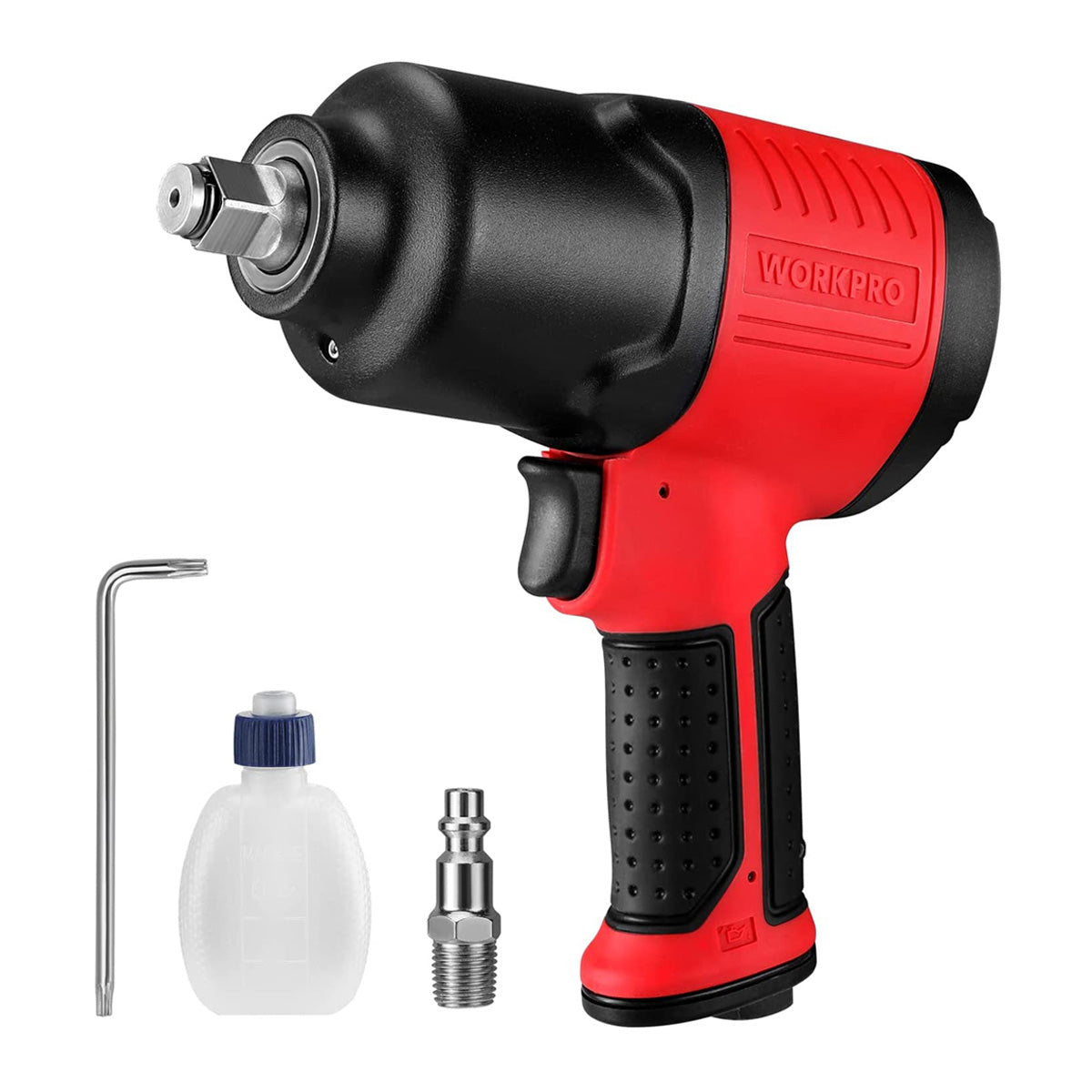 Red and black air impact wrench with included oil bottle and socket adapter