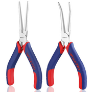 Set of 2 needle nose pliers with tapered silver tips and red-blue cushioned grips