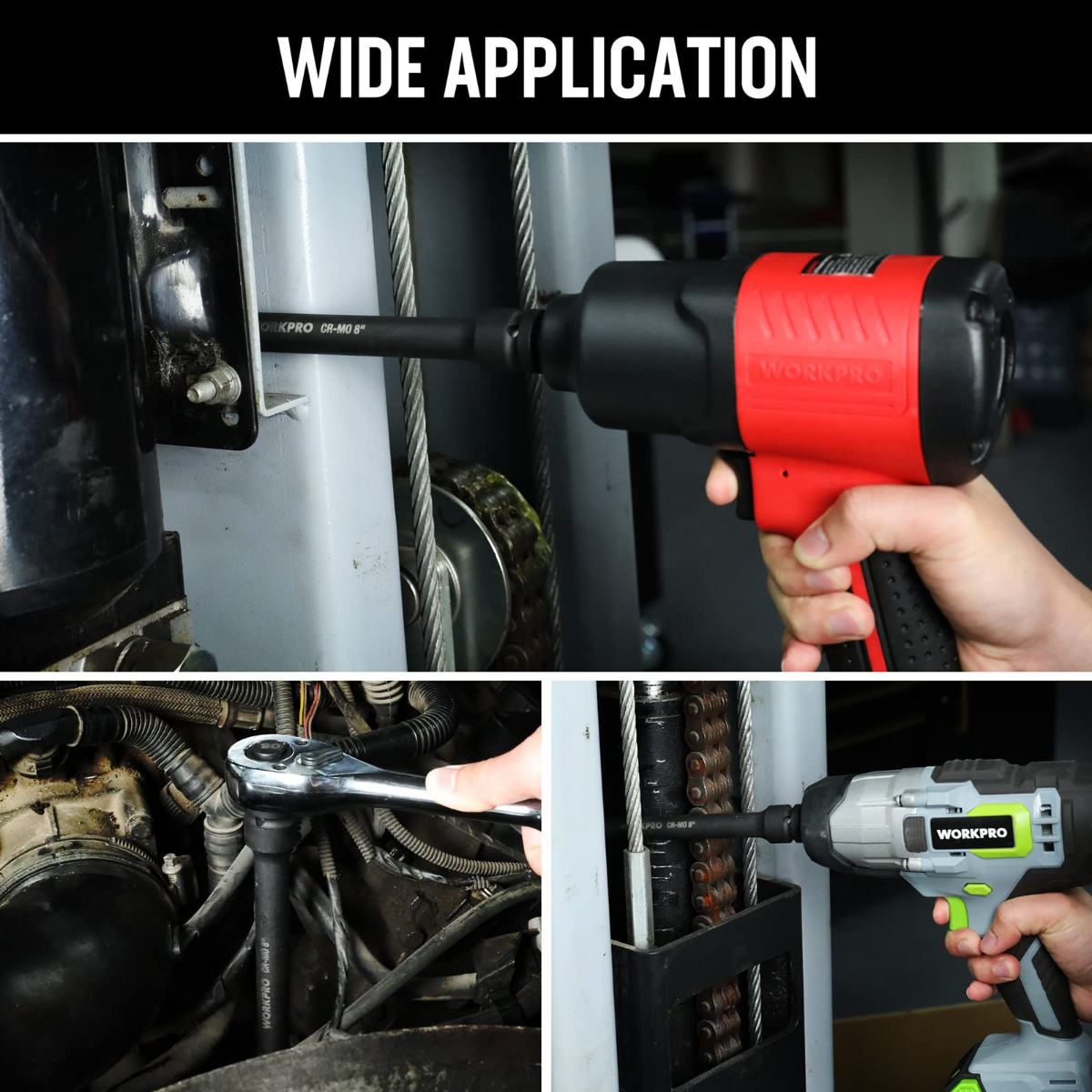Impact extension bar attached to metal frame with red cordless impact wrench