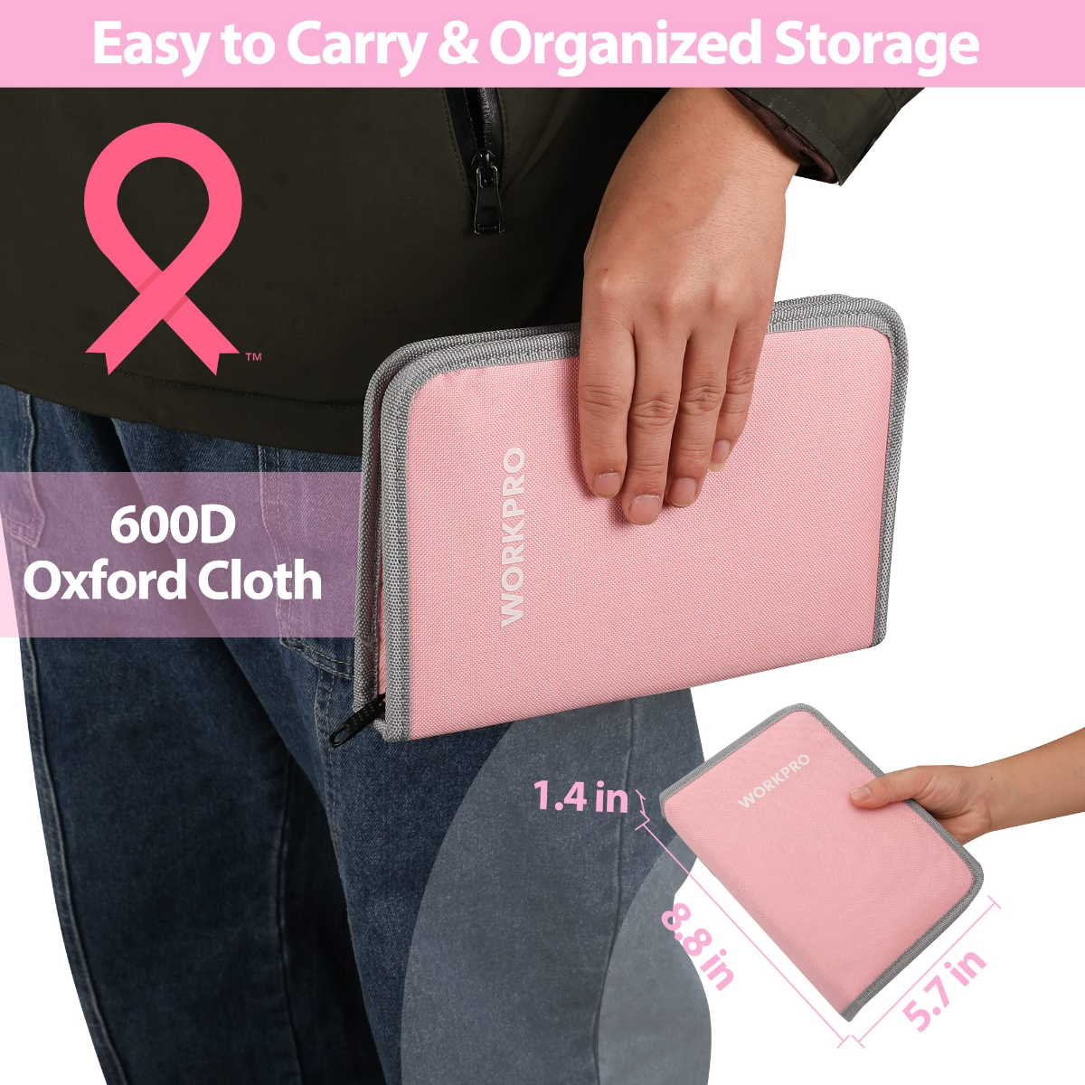 Pink 600D Oxford cloth storage case with WORKPRO branding and zipper closure