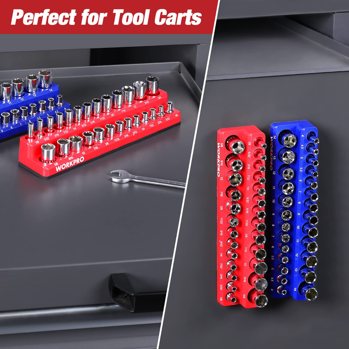 Magnetic socket organizer set in a tool cart drawer with red and blue trays