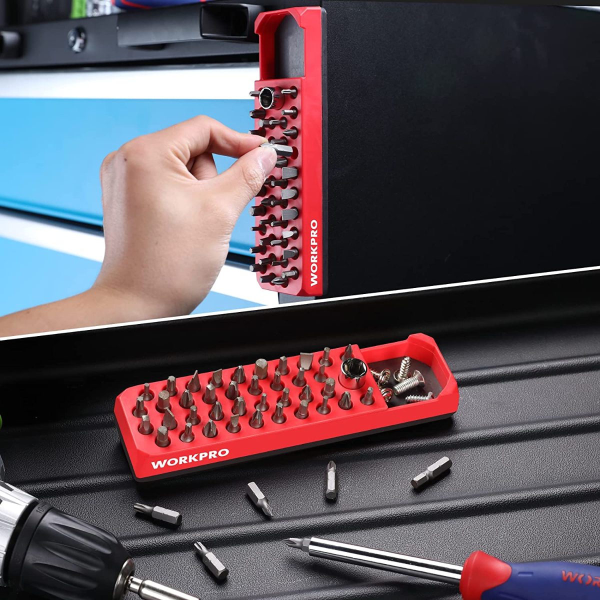 WORKPRO red magnetic hex bit organizer on toolbox with hex bits inserted