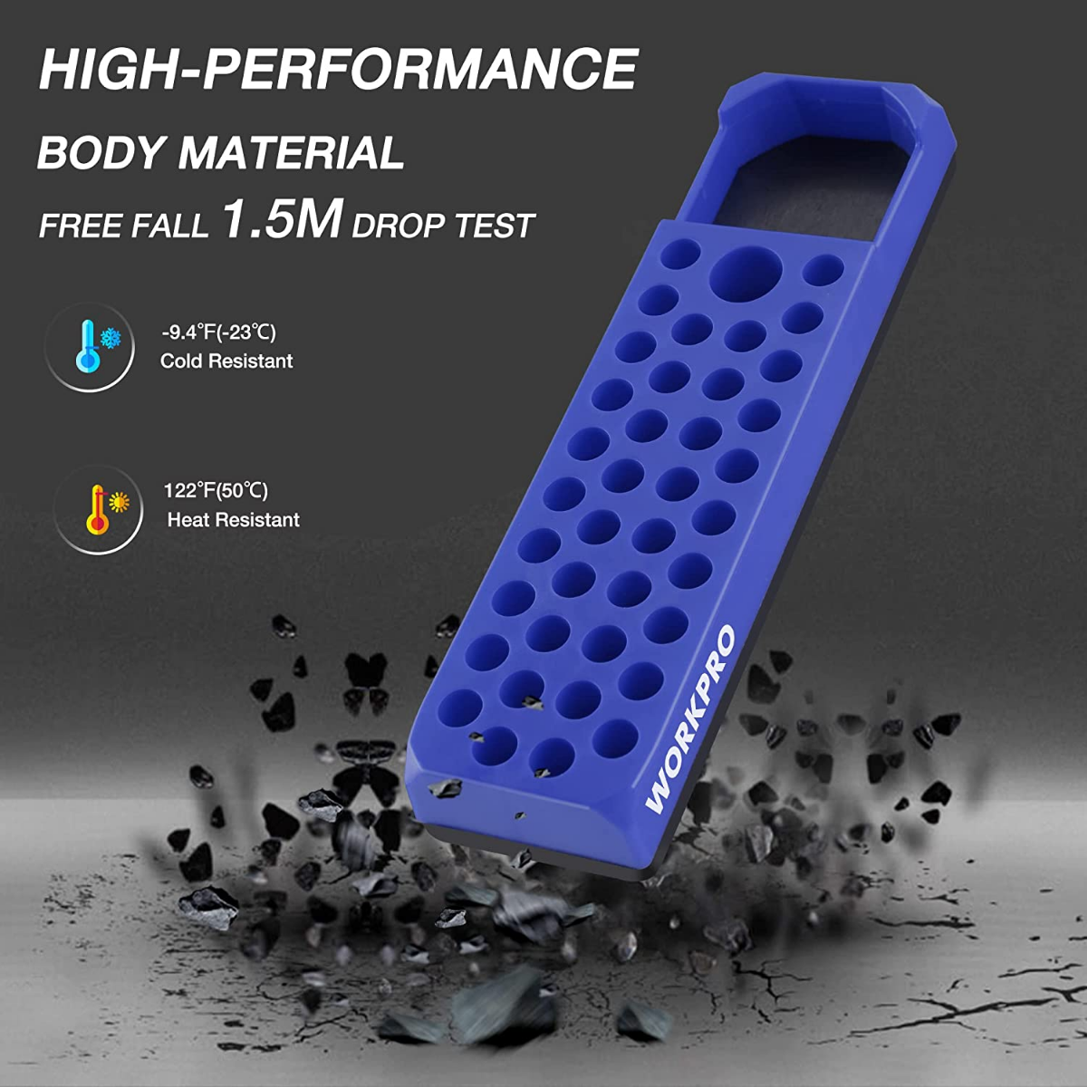 WORKPRO blue magnetic hex bit organizer tray with 39 hole sockets