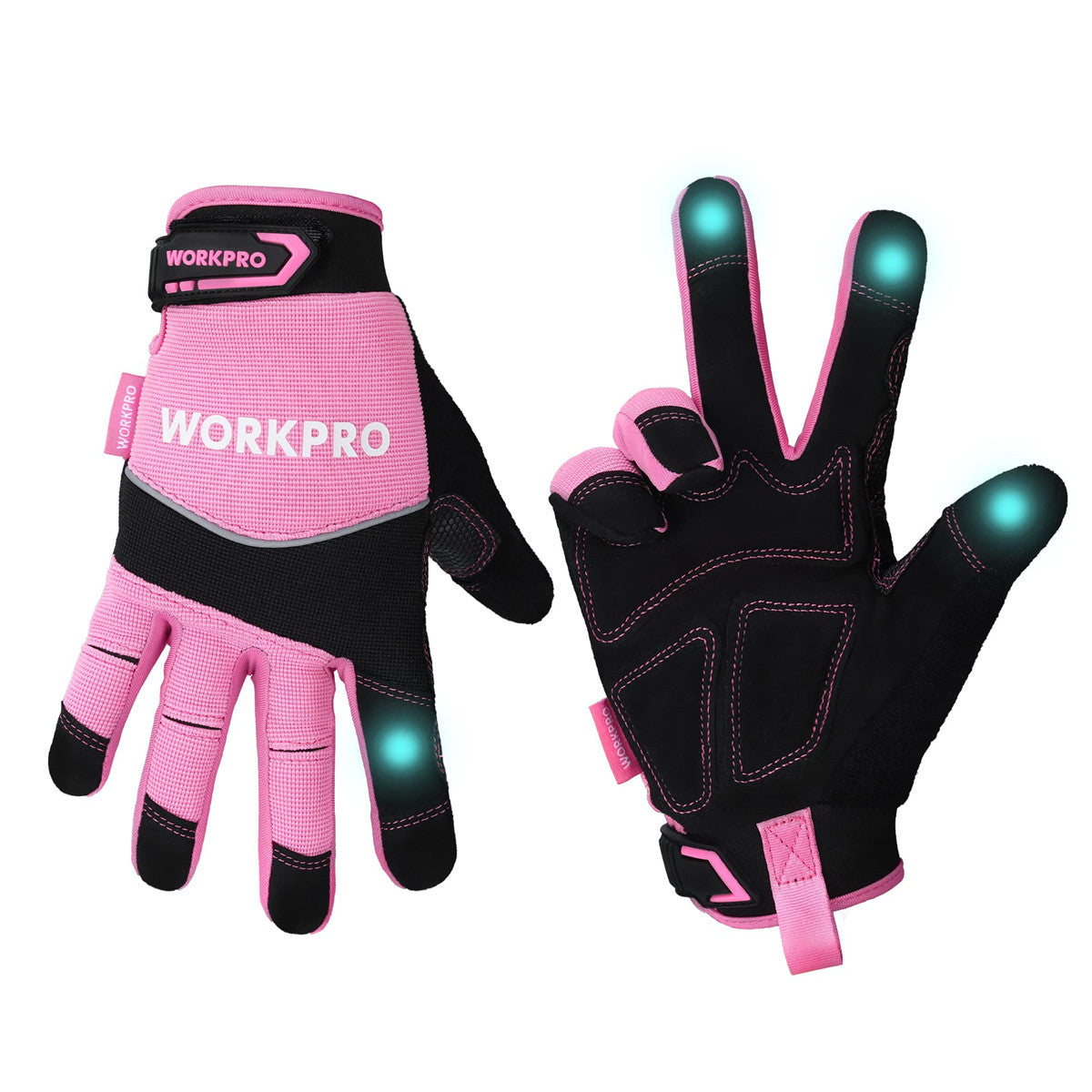 Pink and black work gloves with terry knit back, touchscreen fingertips, non-slip grip