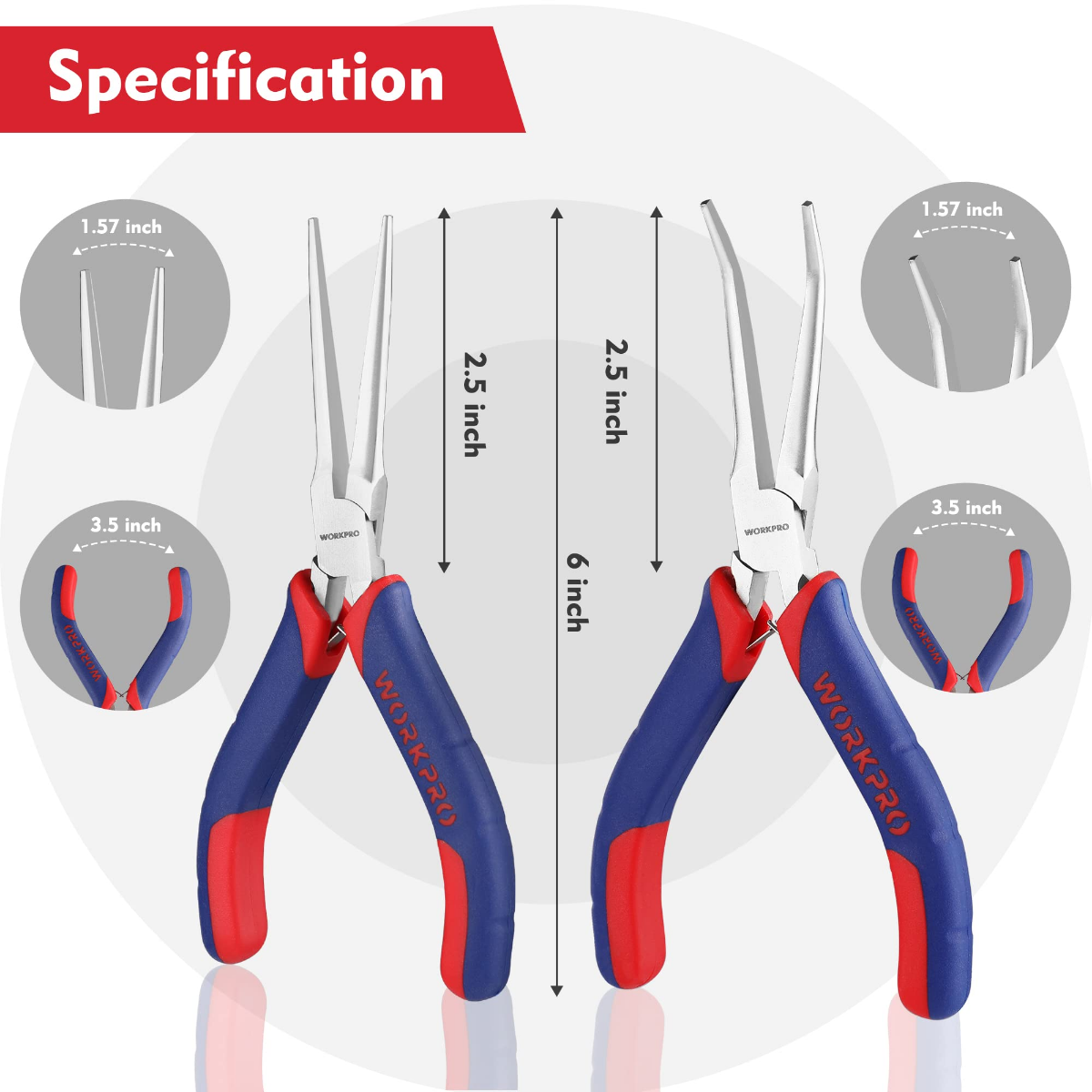 Two needle nose pliers with long, pointed jaws and red-blue comfort grips