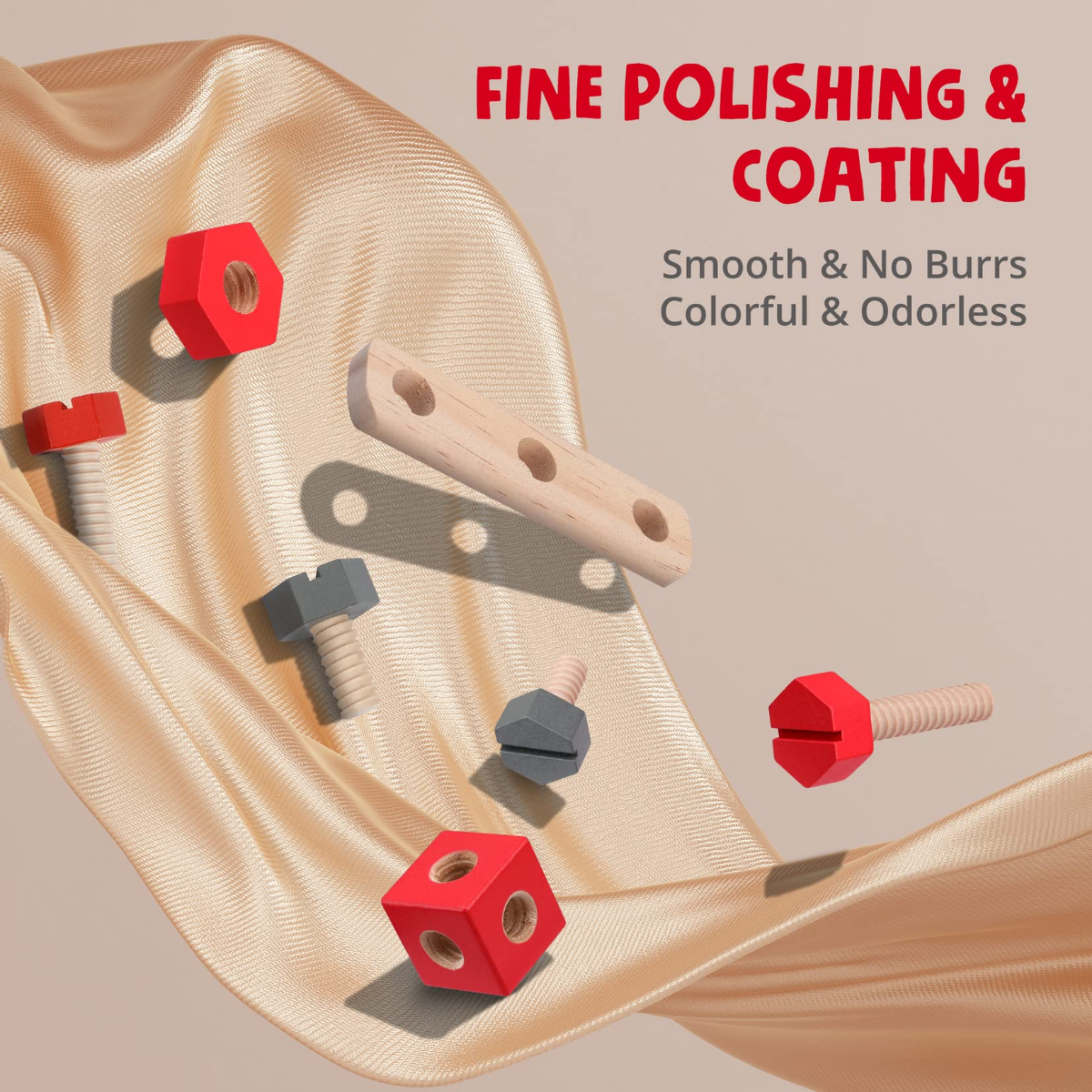 Wooden connector pieces with nuts and threaded screws on a padded mat
