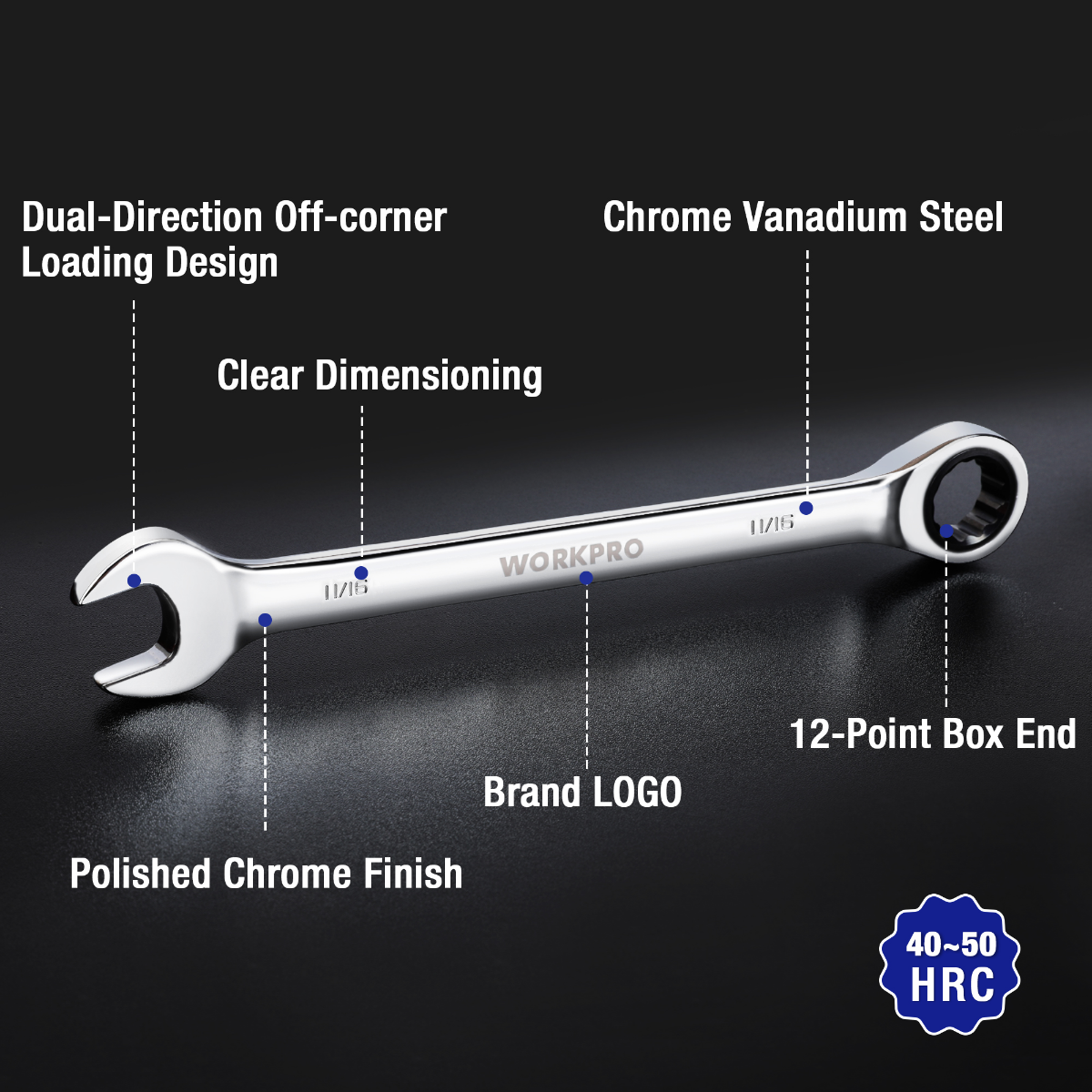 Chrome ratcheting combination wrench with 12-point box end and dual-direction loading