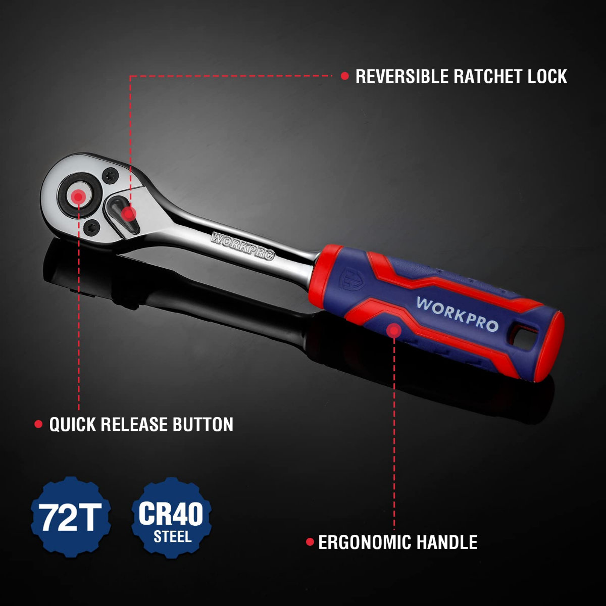Ratchet wrench with reversible head and red quick-release button; blue-and-red ergonomic grip