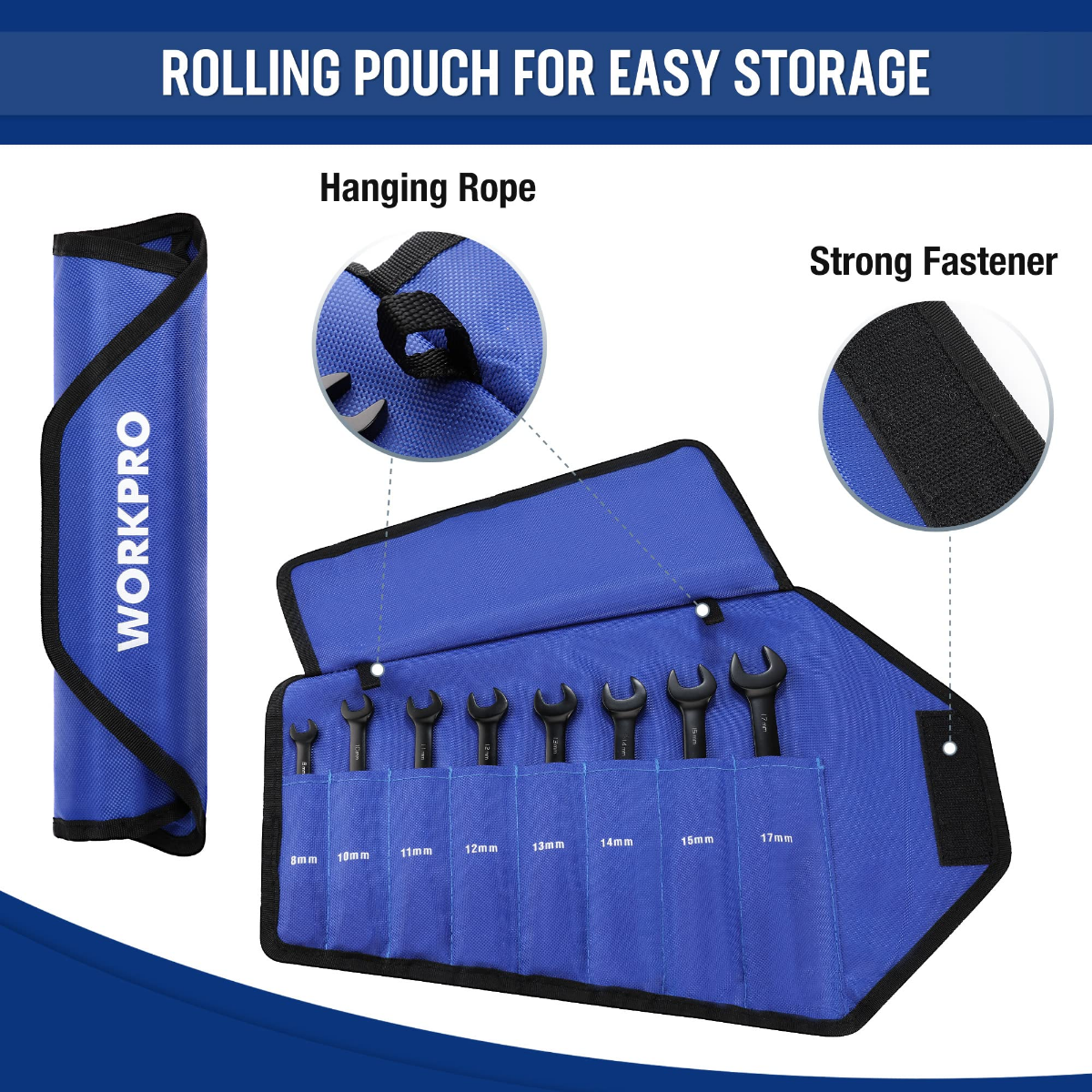 Blue rolling wrench pouch with hanging rope and pockets holding ratcheting combination wrenches