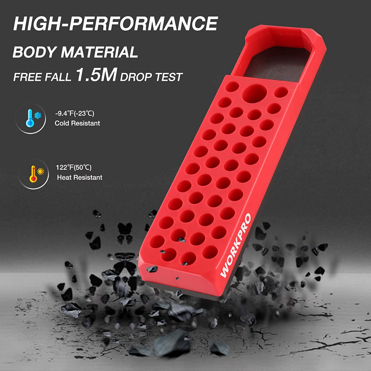WORKPRO red magnetic hex bit organizer tray with 39 hole sockets