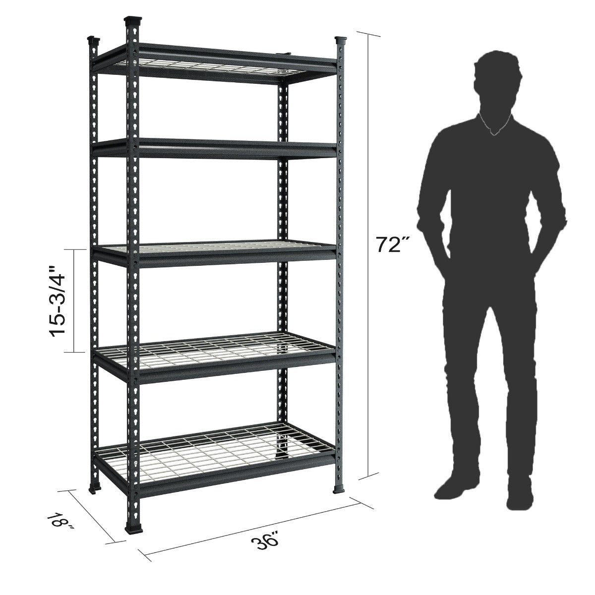 Black metal 5-tier storage shelving unit with wire mesh shelves and adjustable posts