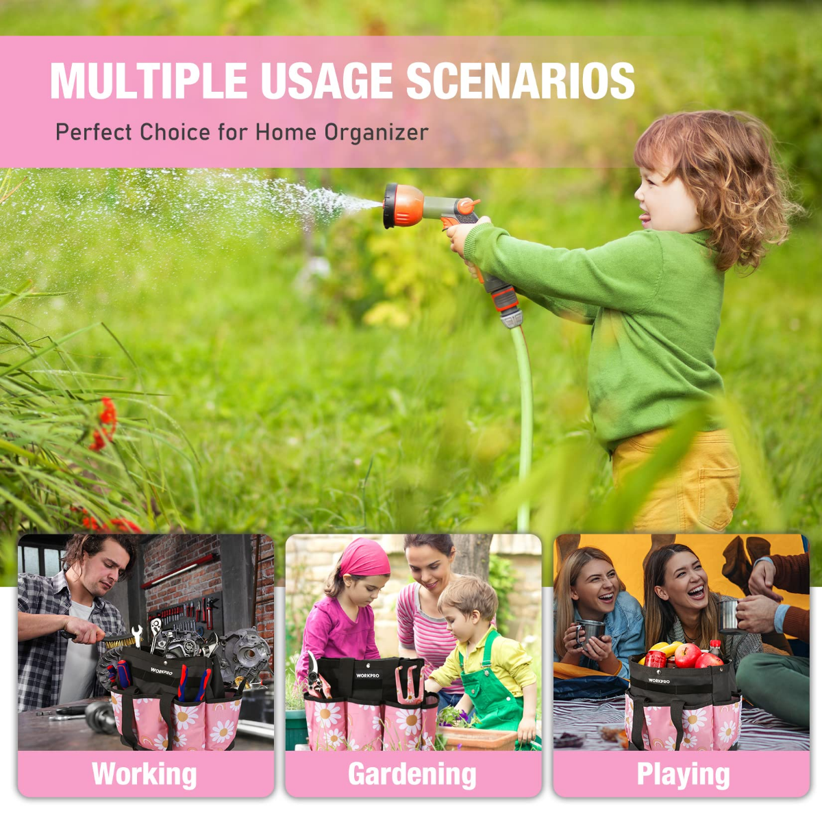 WORKPRO pink floral garden tool bag shown in use, with front and side pockets