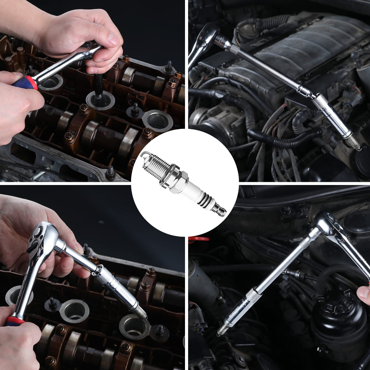 Spark plug socket extension in use on a vehicle engine bay