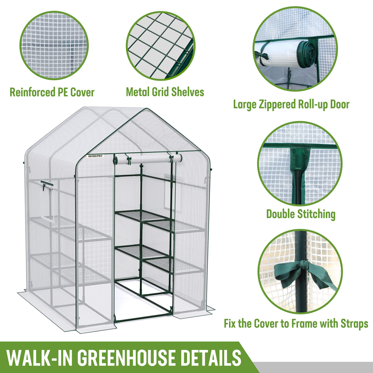 Walk-in greenhouse details: reinforced PE cover, metal grid shelves, roll-up zipper door