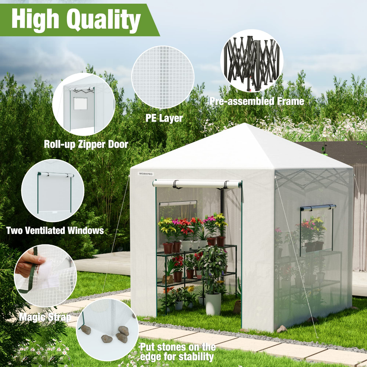 Portable walk-in greenhouse with roll-up zipper door, two vent windows, and black frame