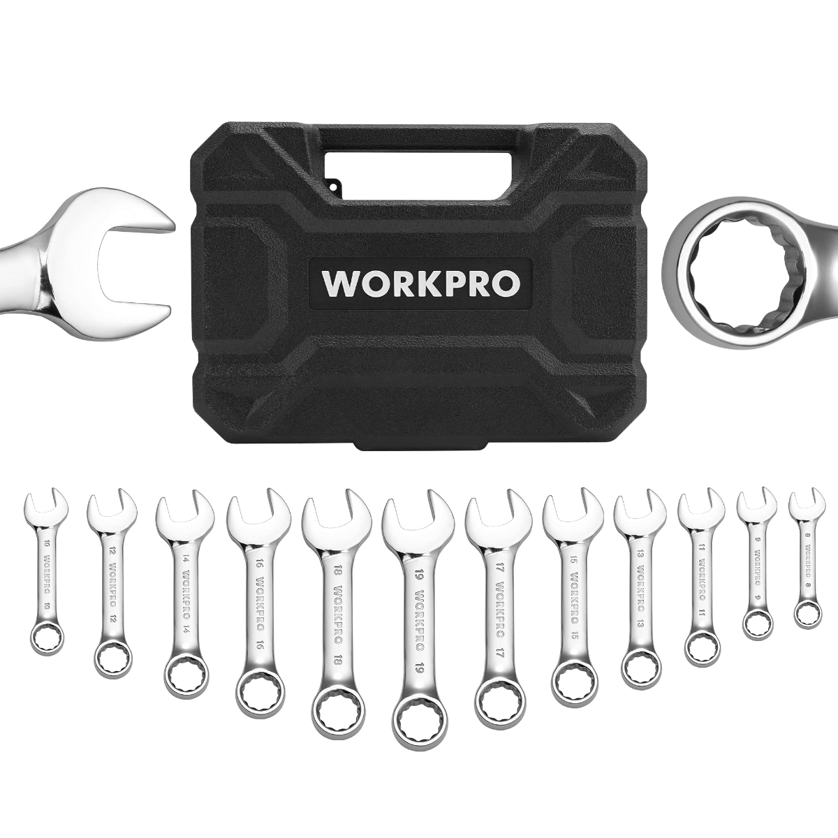 Stubby combination wrench set with black storage case and 12 chrome wrenches
