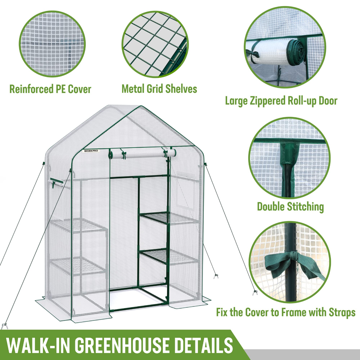 Walk-in greenhouse details: reinforced PE cover, metal grid shelves, roll-up zip door